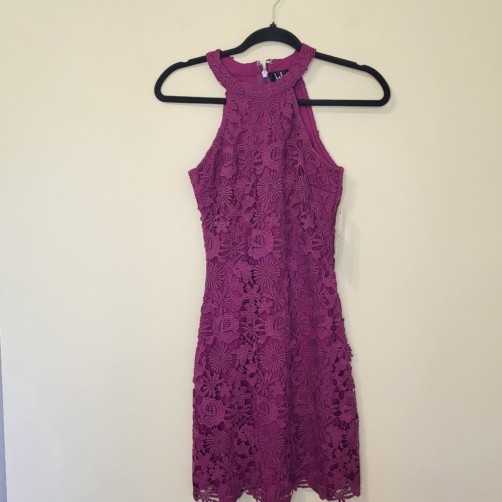 Lulus Magenta Purple Floral Lace Halter Mini‎ Dress XS NWT - Picture 3 of 8